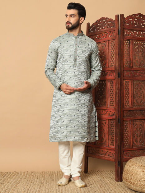 Men's Ash Green Jacquard Kurta – Premium festive and wedding wear
