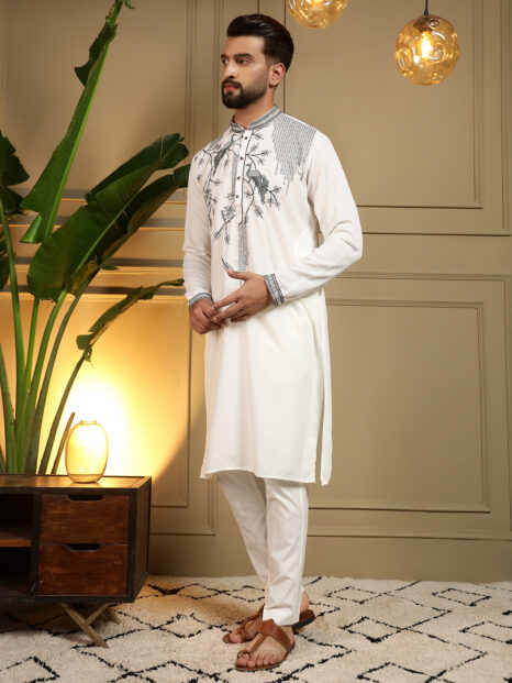 Off White Designer Embroidered Kurta