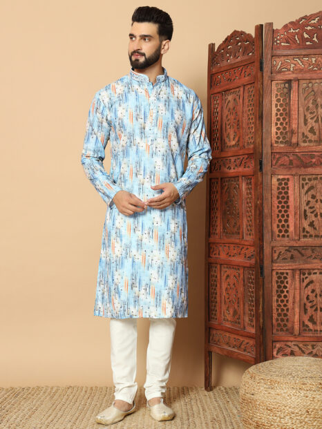 Men’s Sky Blue Abstract Print Kurta – Premium Festive  and Wedding Wear