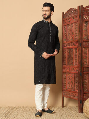 Men's Ebony Black Embroidered Kurta – Premium festive and wedding wear
