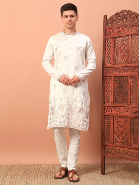 Men’s Off White Embroidered Kurta – Premium Festive and Wedding Wear