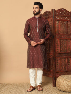 Wine Red Jacquard Kurta – Premium festive and wedding wear