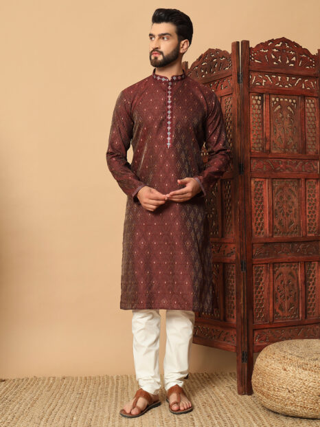 Wine Red Jacquard Kurta – Premium festive and wedding wear
