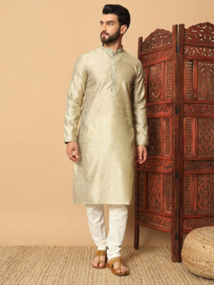 Men's Champagne Gold Embroidered Kurta-Premium festive and wedding wear
