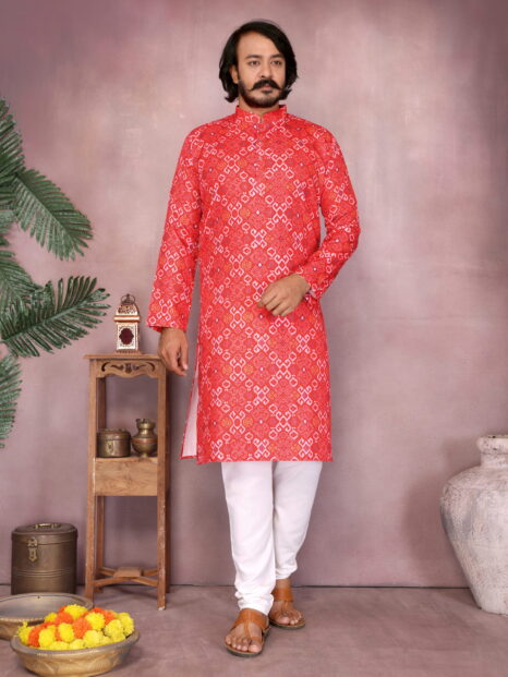 Divyamtrendzz Men’s Red Ethnic Motif Print Kurta – Premium Cotton Festive & Wedding Wear
