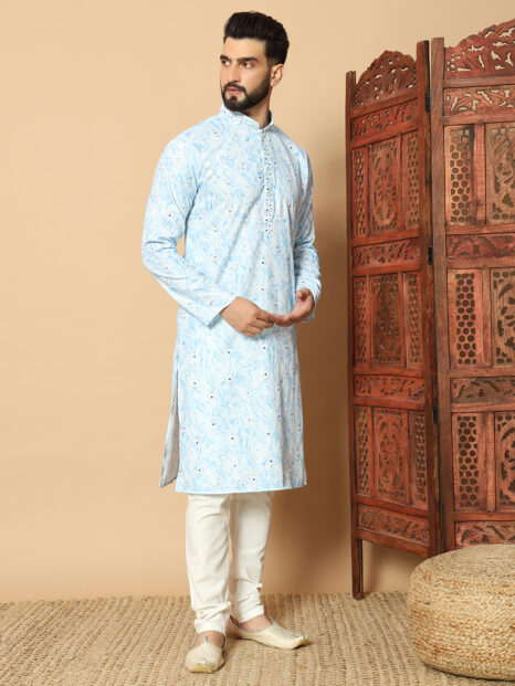 Men’s Powder Blue Marble Print Kurta – Premium Festive and Occasion Wear