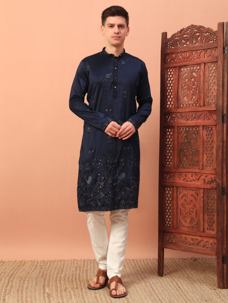 Men’s Navy Blue Embroidered Kurta – Premium Festive and Wedding Wear