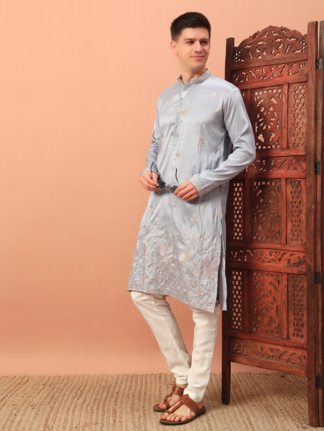 Men’s Light Grey Embroidered Kurta – Premium Festive and  Wedding Wear