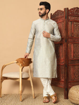 Silver Mist Light Grey Embroidered Kurta-Premium festive and wedding wear