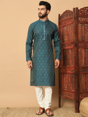 Men's Deep Teal Green Jacquard Kurta – Premium festive and wedding wear