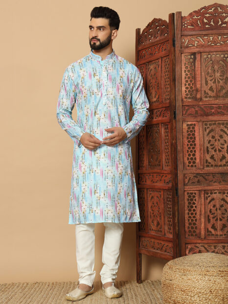 Men’s Aqua Blue Multi-Color Abstract Print Kurta – Premium Festive and  Occasion Wear