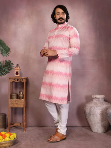 Divyamtrendzz Men’s Pink Ikat Pattern Kurta – Premium Cotton Festive and Wedding Wear