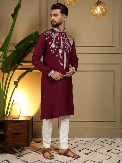 Maroon Designer Embroidered Kurta