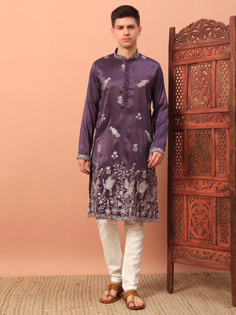Men’s Plum Purple Embroidered Kurta – Premium Festive and Wedding Wear