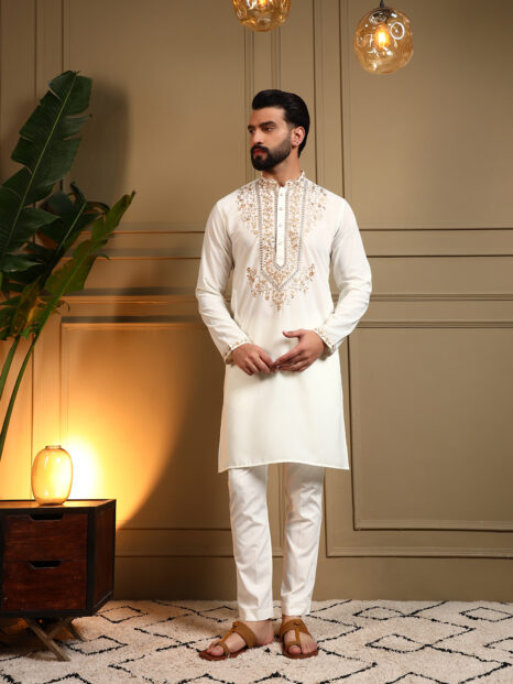 Off White Heavy Embroidered Kurta