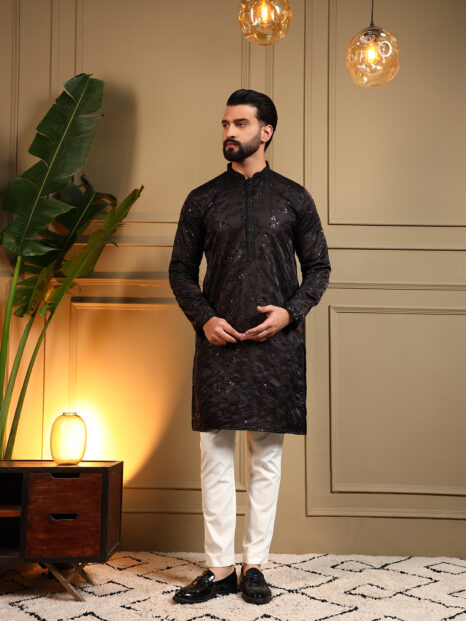Black Self Embroidered Kurta