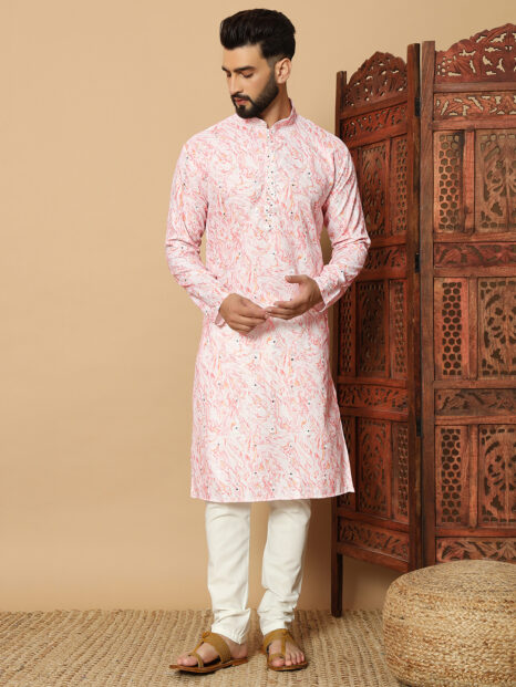 Men’s Blush Pink Marble Print Kurta – Premium Festive and Wedding Wear