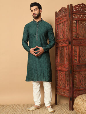 Men's Forest Green Embroidered Kurta – Premium festive and wedding wear