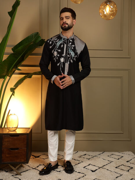 Black Designer Embroidered Kurta