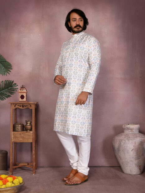 Divyamtrendzz Men’s Off-White Floral Buta Print Kurta – Premium Cotton Festive and Wedding Wear
