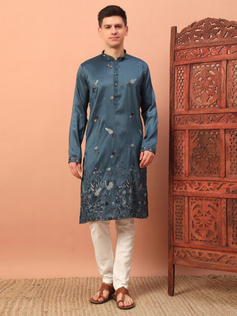 Men’s Teal Blue Embroidered Kurta – Premium Festive and Wedding Wear