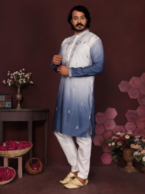 Men Kurta White Blue Colour