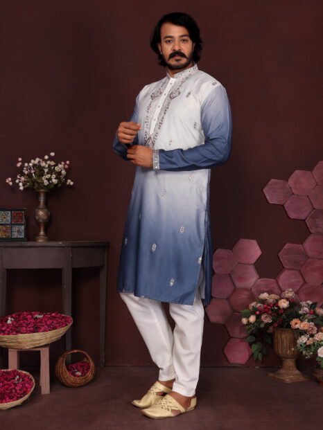 Men Kurta White Blue Colour