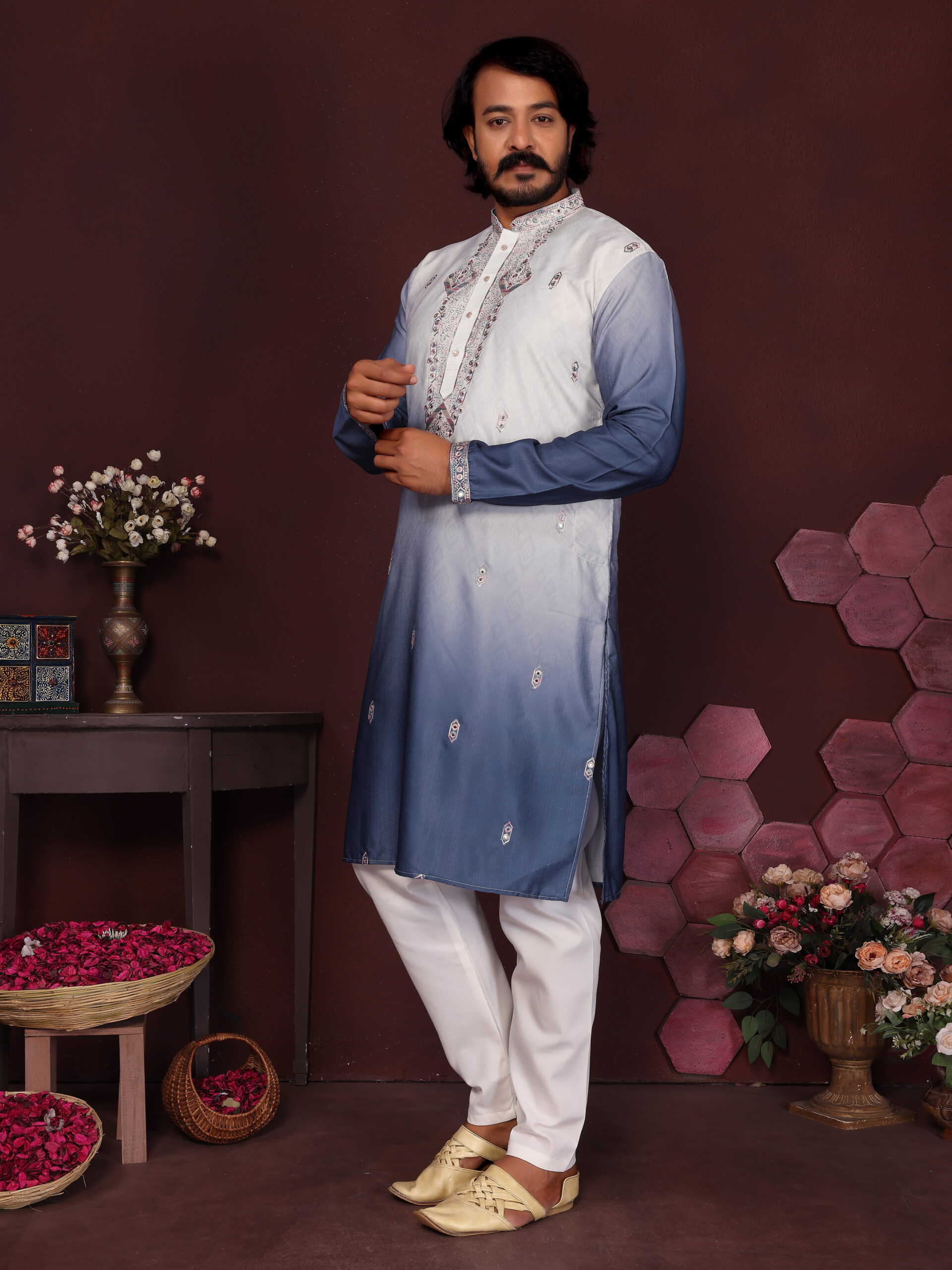 Men Kurta White Blue Colour