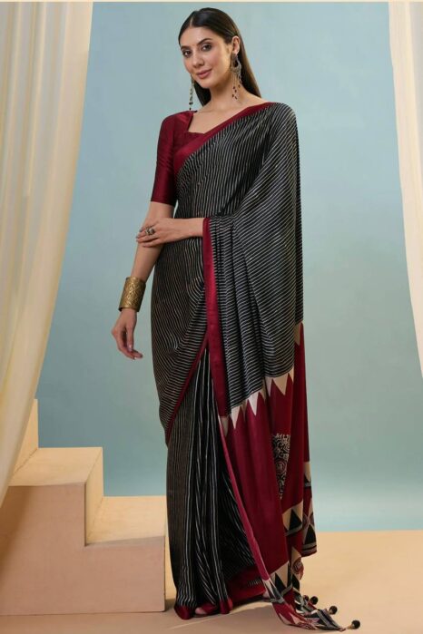 Maroon and Black Printed Saree