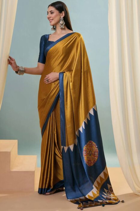 Mustard Yellow and Navy Blue Printed Saree