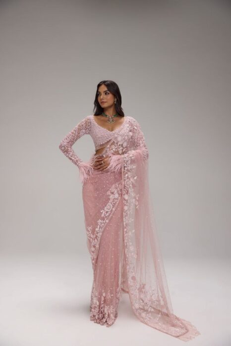 Blush Pink Floral Embroidery Net Saree