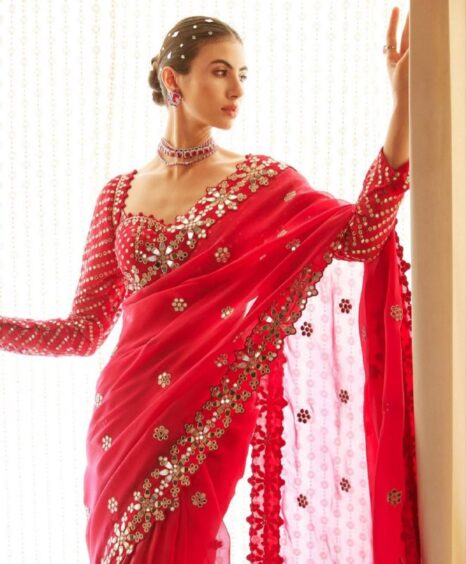 Red Embroidered Saree with Designer Blouse
