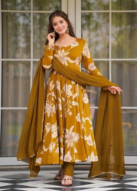 Mustard Floral Printed Kurta Set