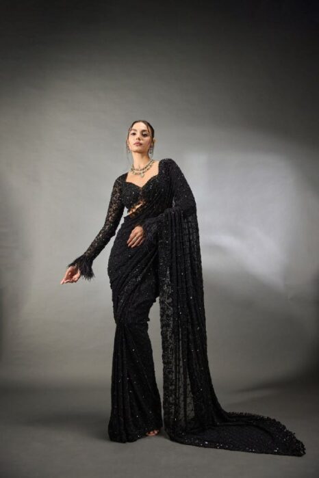 Black Sequin Embroidered Net Saree